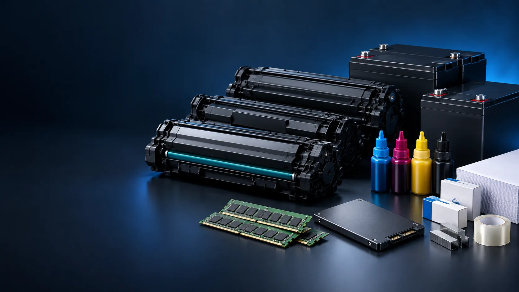 Toner, mürekkep, UPS aküsü ve bilgisayar parçaları